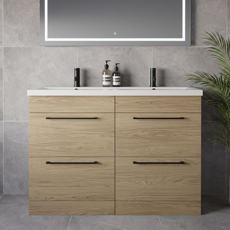 Napoli 390 Light Oak 1200mm 4 Drawer Vanity Unit with Double Glide Basins - 1200mm - Matt Black 320mm Handle
