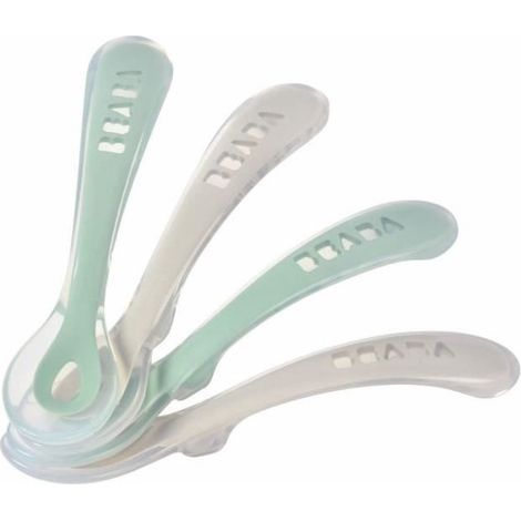Couverts Béaba Lot de 4 cuillères silicone 2ème âge 130 mm Velours gris & Vert sauge