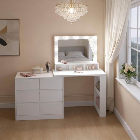 Coiffeuse d'angle miroir LED 6 tiroirs blanche OKMYHOME (1/5)
