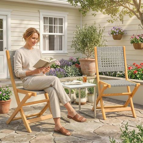 Lot de 2 chaises de jardin pliables FSC : assise respirante, hauteur d’assise confortable, bois massif et polyrattan (1/5)