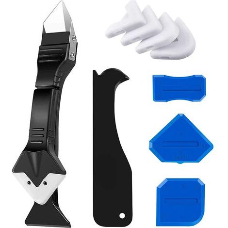 Buse de calfeutrage 3 en 1 en silicone (acier inoxydable), grattoir, outil de finition de mastic, réutilisable, 5 embouts en silicone, excellent outil pour la cuisine salle de bain, les joints d'évier (1/5)