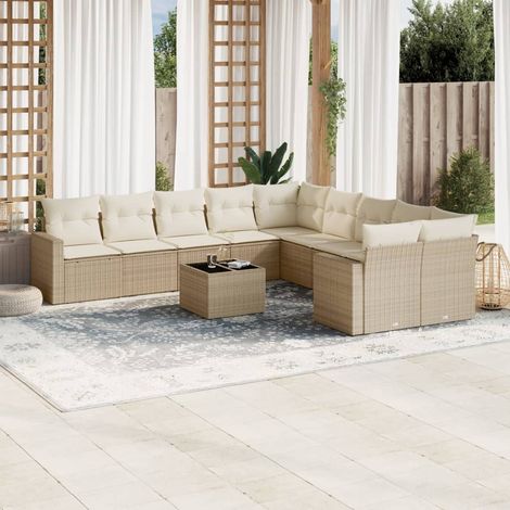 Salon de jardin modulaire en résine tressée beige, 10 places avec 10 sièges et 12 coussins, canapés et fauteuils d'angle, coussins gris clair lavables (1/5)