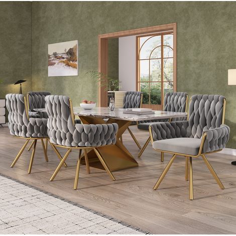 Silla de comedor giratoria de terciopelo gris, set de 6, estructura metálica, 150 kg,63×50×87cm (1/5)