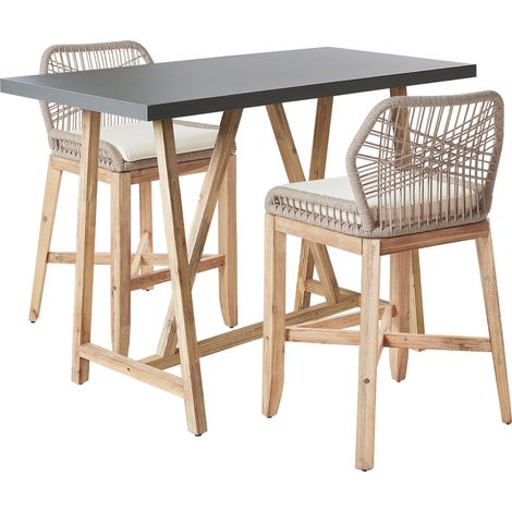 Conjunto de balcón terraza jardín mesa de hormigón madera de acacia clara 2 sillas cojines gris beige Talamone (1/5)