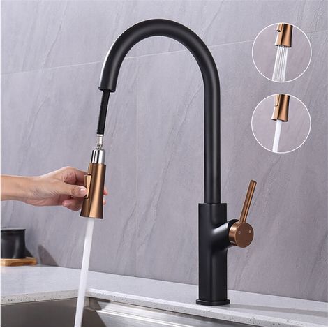 Robinet de Cuisine avec Douchette Extractible Mitigeur Cuisine Bec Rotatif Mitigeur d'Évier avec 2 Jets Robinet d'évier pour Cuisine en Acier Inox Noir (1/4)