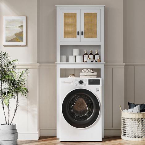 Meuble de Rangement Salle de Bain en Bois avec Portes en Rotin, 160 cm, Blanc (1/5)