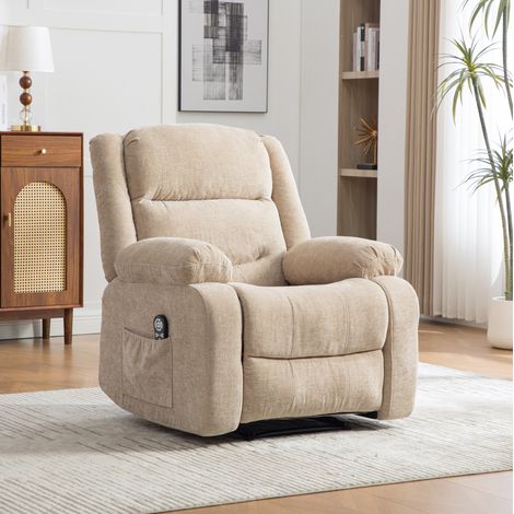 Sillón relax eléctrico con masaje y calefacción, en chenilla, respaldo y reposapiés regulables, caqui claro (1/5)