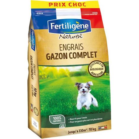 Engrais gazon complet 330m² 10kg – Formule 100% naturelle – Enrichi en magnésium pour pelouse dense – Utilisable en agriculture biologique – Fertiligene