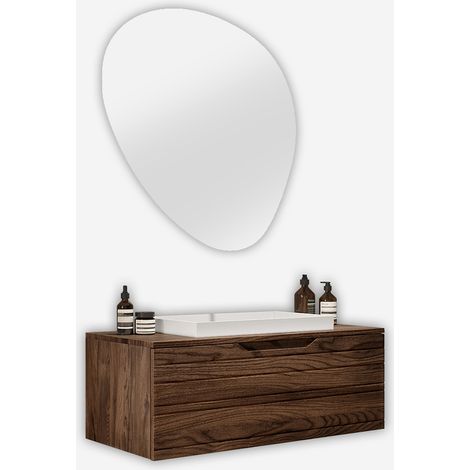 Mobile bagno sospeso con specchio led e lavabo Solmira - Marrone Scuro