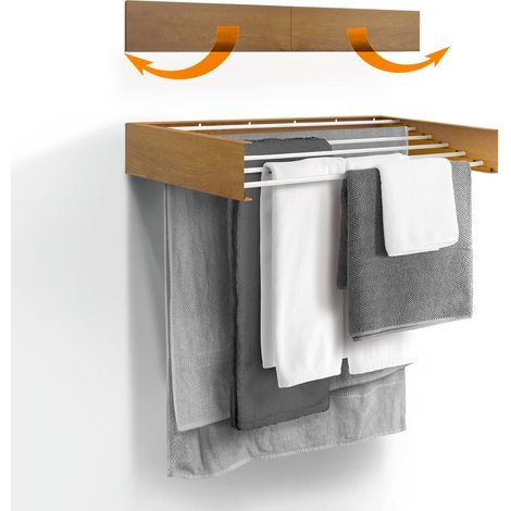 Etendoir à Linge - Fixation Murale - Rétractable - Étendoir à Linge Pliable pour l'intérieur ou l'extérieur - Économie d'espace - Design Compact et élégant (100 cm Aspect Bois) (1/2)