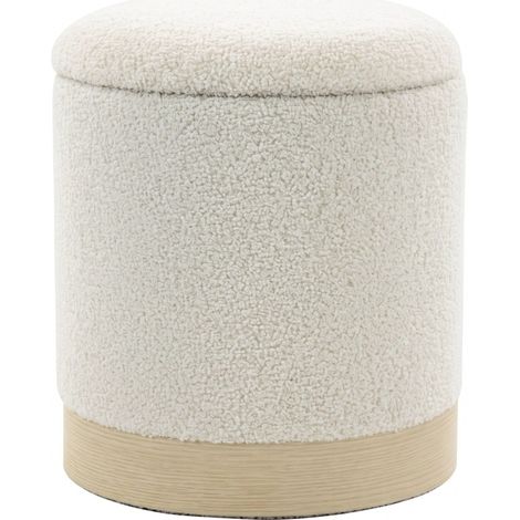Pouf rotondo da 38 cm con contenitore, rivestimento Sherpa e base metallica effetto legno (1/5)