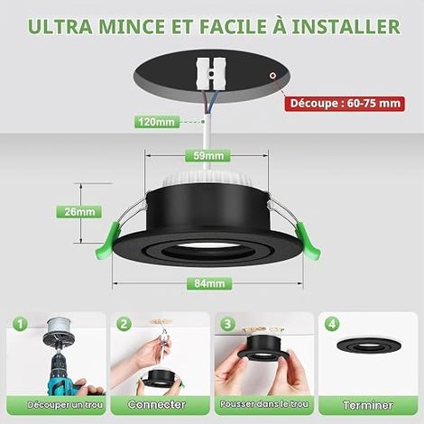 Spot led encastrable 230V 2700K, GU10 Spot cadre d'encastrement incl.5W Module LED, Noir mat Rond plat Spots Salle de bain 68mm Trou pour extérieur- intérie (1/4)