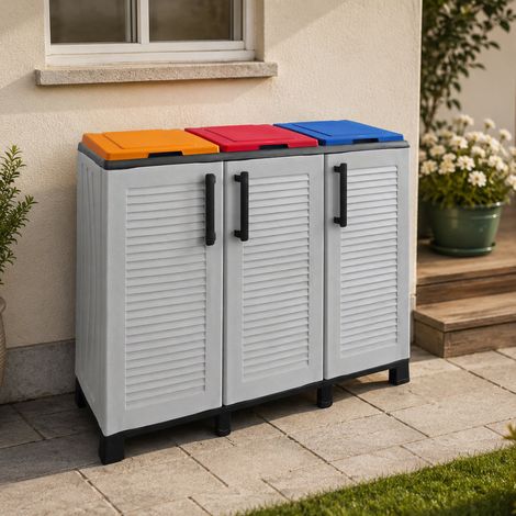Dmora Armario para exterior o interior, gabinete de bolsas de 3 puertas, 100% Made in Italy, 102x37h90 cm, color gris claro y tapas de colores (1/3)