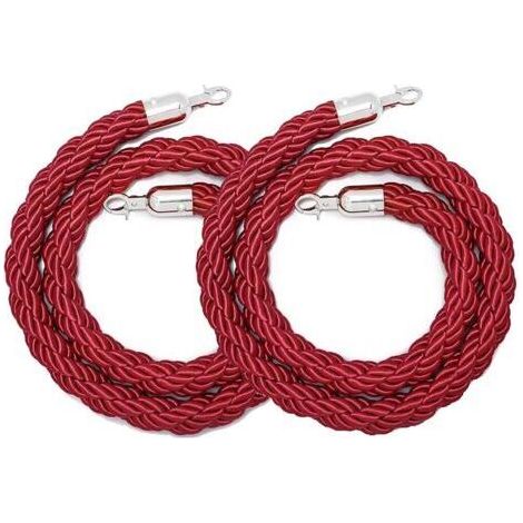 2 Pack Corde De Barrière Torsadée Rouge, 1.5m Corde De Contrôle De Foule Avec Crochets En Acier Inoxydable Argenté Pour Événements Sur Tapis Rouge, Cinémas, Activités D'Ouverture