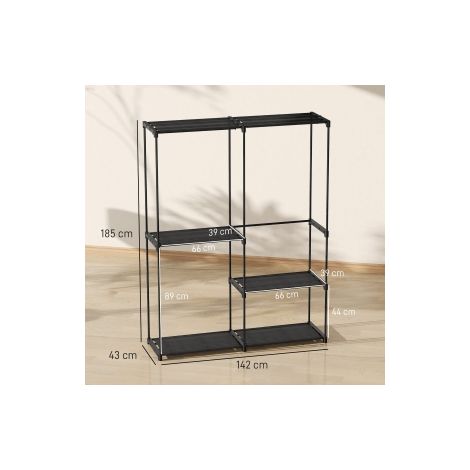 Portant à vêtements noir portable avec cadre en métal et étagères en tissu, grande capacité pour chambre, entrée et dressing (1/5)