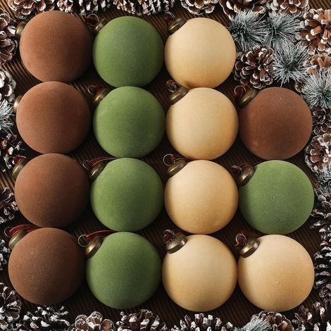 Marron, Vert, Beige, 8cm Lot de 15 Boules de Noël en Velours floquées en Vrac pour Sapin de Noël - Boules décoratives en Plastique à Suspendre (1/5)