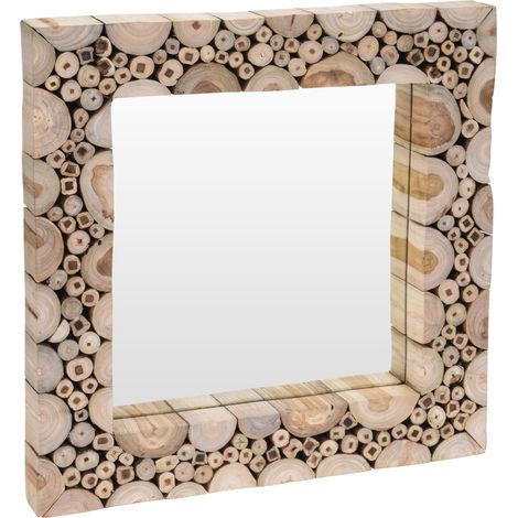 Miroir mural en bois, miroir mural carré - bois de teck, 50 x 50 cm