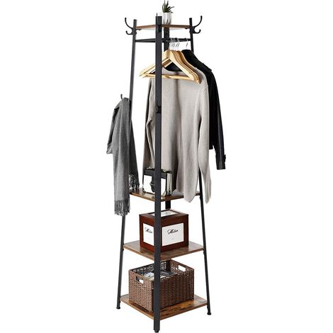 Porte-manteaux vintage, Vestiaire, Portant à vêtements, avec étagère à 3 niveaux, crochets et tringles, Armature métallique stable, Style rustique, Marron Rustique et Noir (1/5)