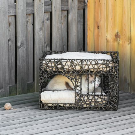 Panier en Rotin pour Chat 2 Niveaux Cama Cueva avec 2 Coussins et Fenêtre 56x41x45 cm Marron Foncé (1/5)