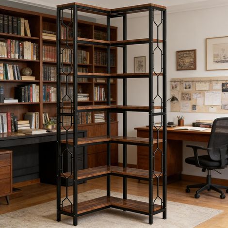 Étagère d'angle industrielle 7 niveaux, bibliothèque haute autoportante