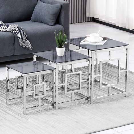 Jymtom – Ensemble de 3 tables basses gigognes en verre trempé – Cadre en acier inoxydable – Empilables avec pieds antidérapants – Design moderne