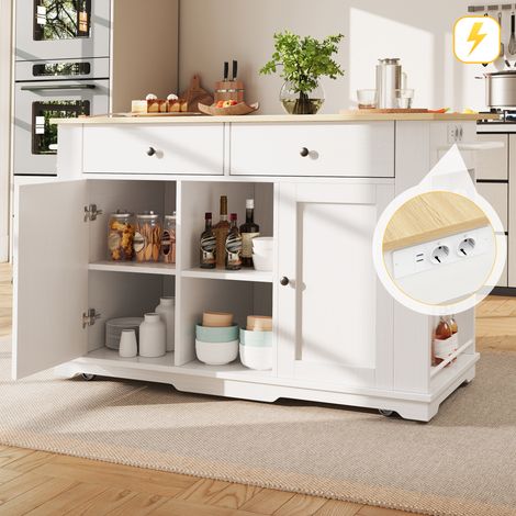 DESMIU Desserte de Cuisine avec Prises et Plateau Rabattable, 2 Tiroirs, 6 Niches, Roulettes, pour Cuisine (1/5)