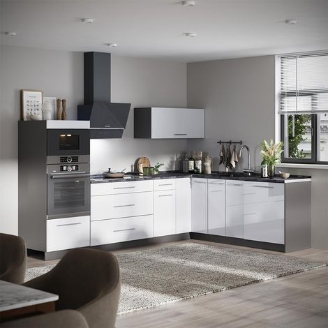 Cocina esquinera Fame-Line, Blanco alto brillo/Antracita, 287 x 207 cm sin encimera, Vicco (1/5)