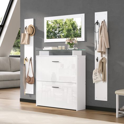 Mobile ingresso 4 pezzi con specchio, 8 ganci, bianco HAVRYA (1/5)