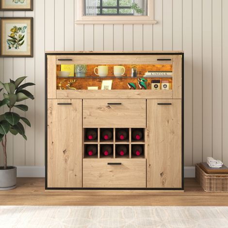 Buffet Vaisselier Bar à Vin 110cm - Meuble Cave à Bouteilles avec Éclairage LED 16 Couleurs, Étagère en Verre, Porte Abattante Vitrée, 2 Portes et 2 Tiroirs - 110x38x111cm (1/4)