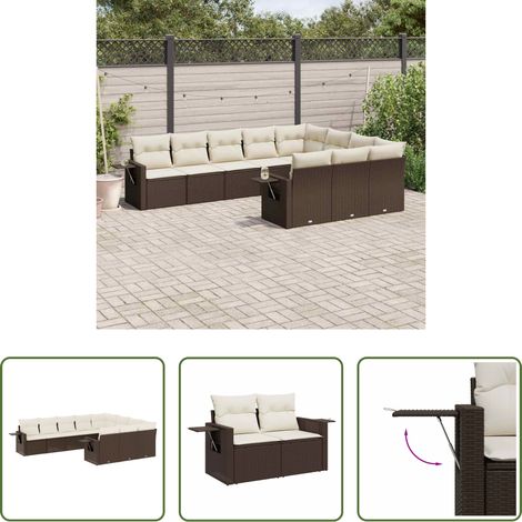 Gartensessel -  10-tlg. Garten-Sofagarnitur mit Kissen Braun Poly Rattan