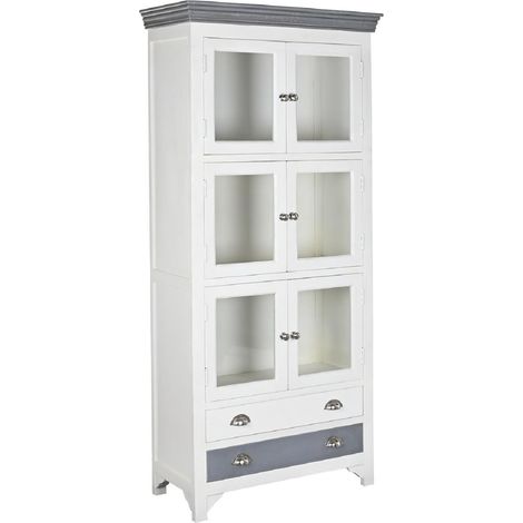 Vitrine, armoire vaisselier en bois/verre coloris blanc/gris - Longueur 89 x Profondeur 40 x Hauteur 200 cm -PEGANE- (1/5)