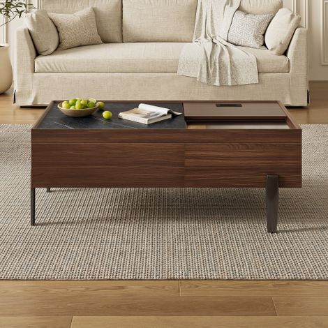 Table Basse Design 105 cm avec Tiroirs, Plateau Coulissant et Verre Trempé, Table Basse Effet Bois et Marbre avec Pieds Métal pour Salon (1/5)