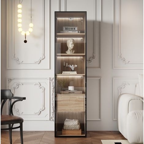 Armoire de salle de bain 40 cm naturel en MDF avec porte en verre trempé et bande lumineuse (1/5)