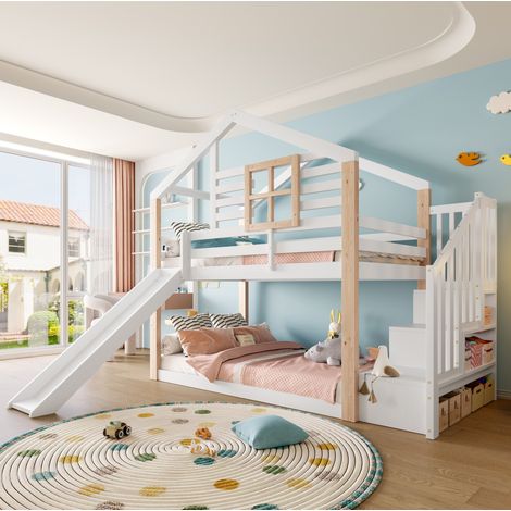 MEUBLIV Lit superposé 90x200 cm blanc – avec toboggan et rangement, sans matelas (1/5)