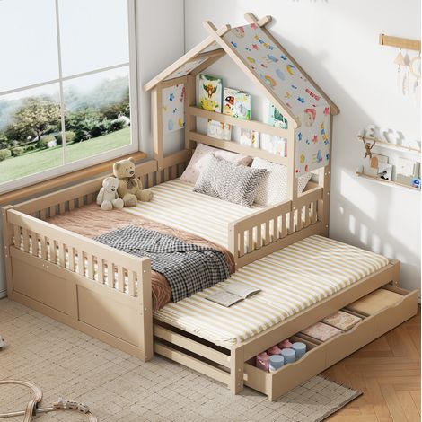 letto matrimoniale 140x200 a casetta con cassetti Cream OKMYHOME (1/5)