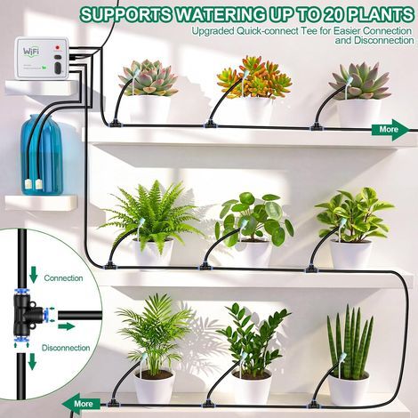 Système d'arrosage automatique à double circuit, contrôlable à distance via une application Wi-Fi, pour 20 plantes, kit d'irrigation goutte-à-goutte d'intérieur pour les vacances (prise non fournie) (1/4)
