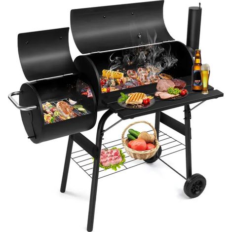 Barbecue à Charbon de Bois, Fumoir Déporté Fumer et Griller, avec Couvercle, Thermomètre, 2 Roues, Étagères (1/5)