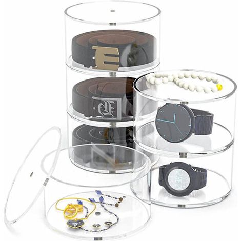 Boîte de rangement ronde transparente en acrylique, empilable, pour ceintures, montres, bijoux, cosmétiques, bracelets et bagues.