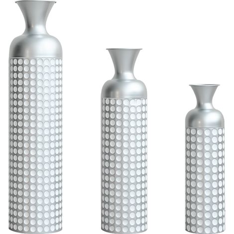 Ensemble de 3 vases de sol en métal argenté, finition brillante moderne à pois, 49,5/66/84 cm. Grand vase décoratif idéal pour le salon, la salle à manger, le couloir, ou pour y disposer des fleurs sé (1/5)