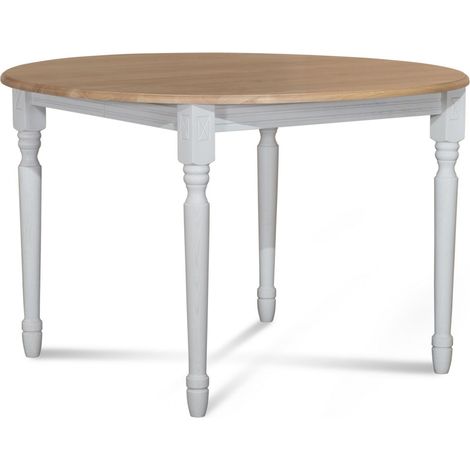 Hellin – Table ronde extensible en chêne massif 105 cm – 1 allonge centrale – 10 personnes – Pieds tournés – Finitions patinées chêne, noir, blanc