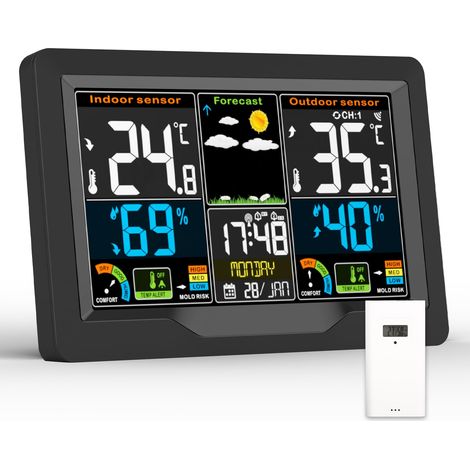 Estación meteorológica inalámbrica para interiores y exteriores con sensor exterior, estación meteorológica con pantalla LCD digital a color, termómetro higrómetro, radio reloj con pronóstico de tempe (1/5)