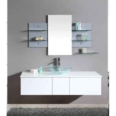 Bagno Italia Mobile Arredo Bagno da 140cm sospeso bianco con lavabo d'appoggio e specchio con mensole Mobili arredi 1 (1/5)