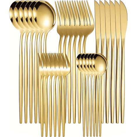 Set di posate in acciaio inox color oro, composto da 30 pezzi, per 6 persone.