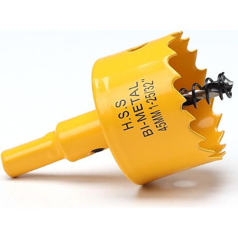 Scie cloche 45mm, Scie Trépan avec adaptateur hexagonal et embout central, Bi-métal HSS M42 scie cloche pour plastique, aluminium, plaques de plâtre, Jaune (1/5)