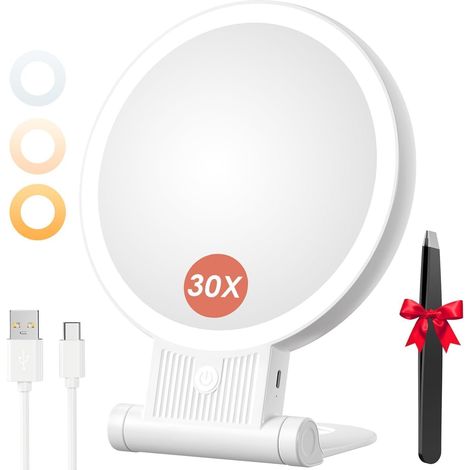 Doppelseitiger, beleuchteter Vergrößerungsspiegel (1x/30x), Kosmetikspiegel mit 3 Lichtfarben, einstellbarer Helligkeit, 2000-mAh-Akku, 360°-Drehständer, Wandmontage/tragbar/faltbar (1/5)