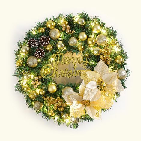Weihnachtskranz mit LED-Lichtern, 40 cm, künstlichen Tannenzapfen, Türkranz mit der Aufschrift „Frohe Weihnachten“. Weihnachtliche Girlande zur Dekoration von Haustür, Kamin und Treppe. (1/4)