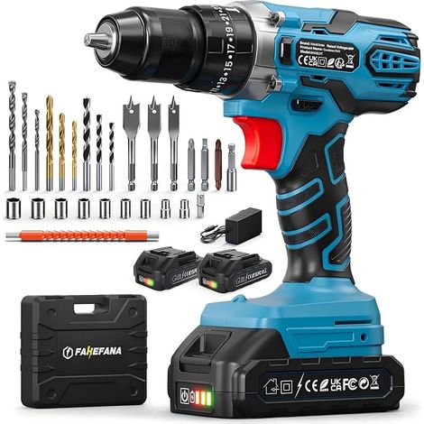 21V Cordless Impact Drill, Cordless Drill Driver 2 Batteries 2.0Ah, 45Nm Maximal, 25+3 Torque Driver, 2 Speed & LED, Drill-Driver Accessory Kit 29 Pieces (1/5)