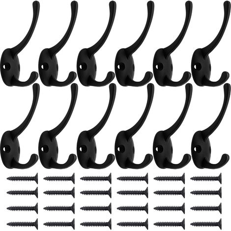 BEBUSINGOTO Paquete de 12 ganchos de pared negros con 24 tornillos, ganchos dobles retro, ganchos utilitarios negros para abrigos, bufandas, bolsos, toallas, llaves, gorras, tazas y sombreros. (1/5)