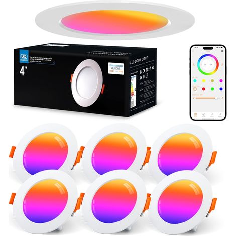 Spot LED Encastrable Dimmable, 6 x 10W RGB Smart Bluetooth Spot Encastrable LED Multicouleurs Blanc Chaud 2700K 1000LM, Des spot LED Extra Plat Pour de Nombreuses Scènes, Contrôle APP (1/5)