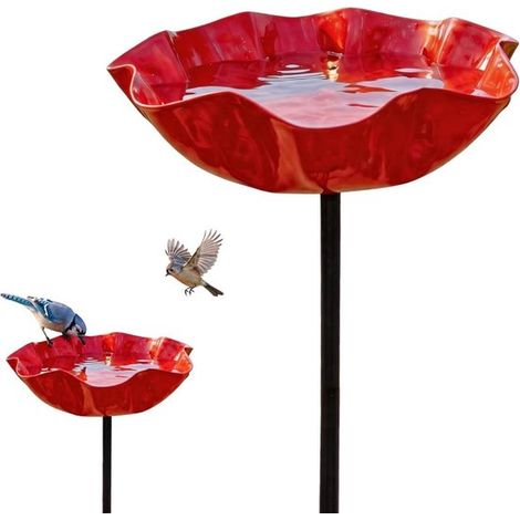 Bain d'oiseaux sur pied, motif floral rouge, 15 x 15 x 57 cm, mangeoire et bain d'oiseaux décoratifs, métal résistant aux intempéries, décoration de jardin, cadeau (1/5)